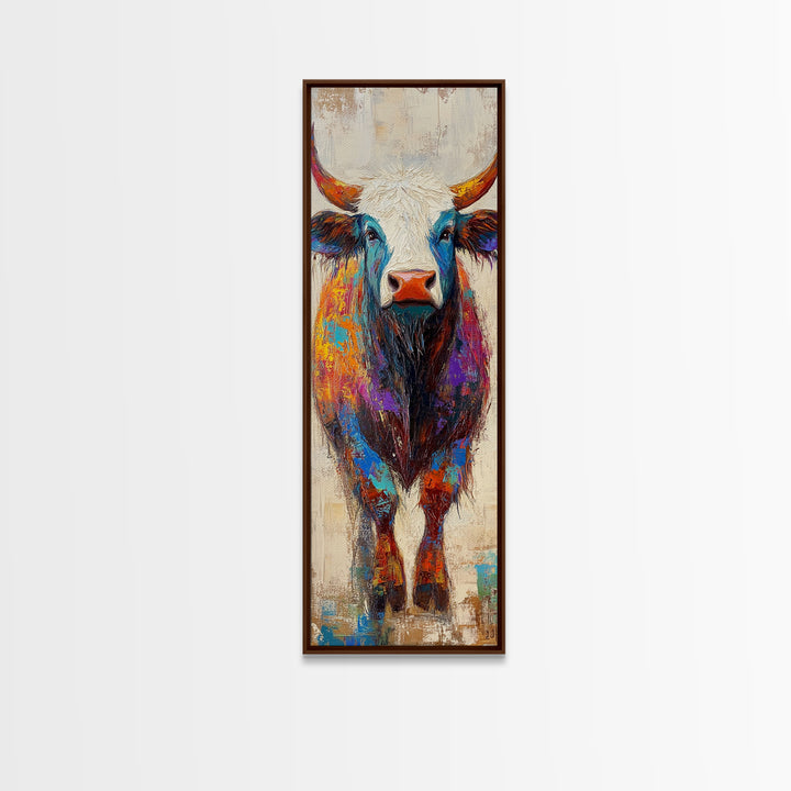 Colorful Bull Painting Canvas Print rustic wall art, barn landscape oil painting, farmhouse art, gift idea him, moody art decor