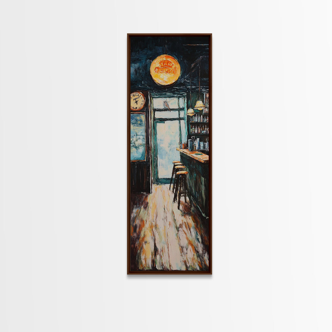 Rustic Bar Scene Framed Canvas Print, Espresso Martini Wall Art, Moody Art, Long Narrow Wall Art, Rustic Decor, Above Sofa Art, Gift Idea