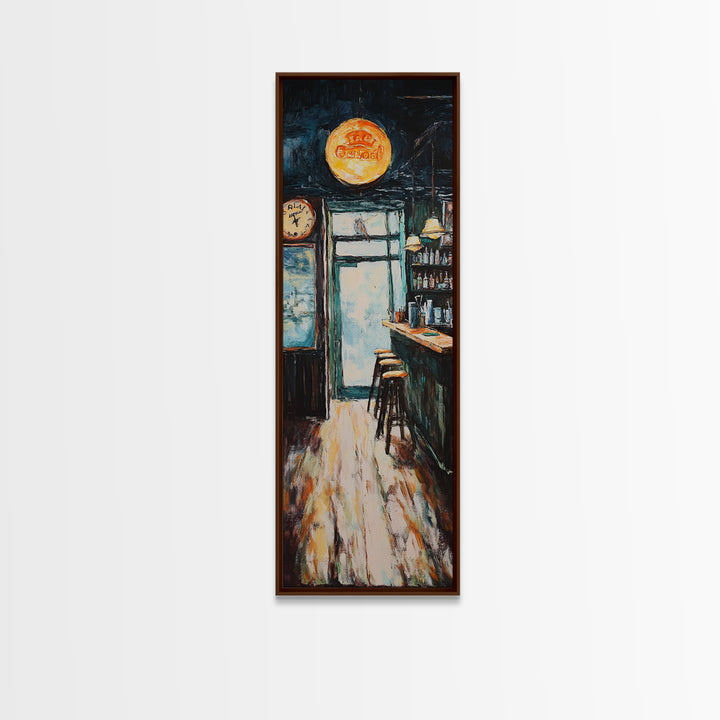 Rustic Bar Scene Framed Canvas Print, Espresso Martini Wall Art, Moody Art, Long Narrow Wall Art, Rustic Decor, Above Sofa Art, Gift Idea