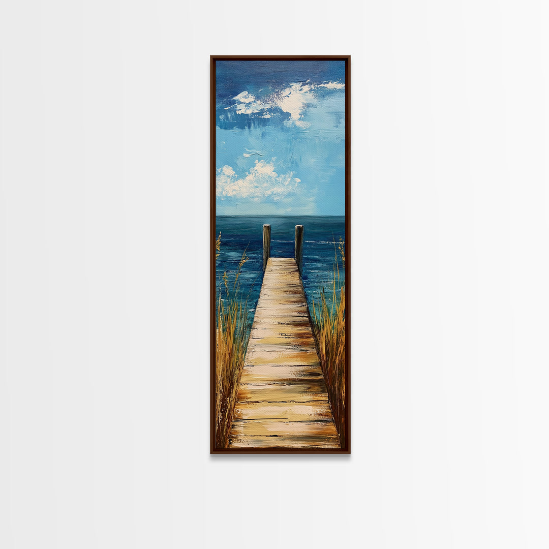 Coastal Dock Painting Framed Canvas Print, Nautical Decor, Coastal Landscape Art, Seascape Painting, Blue and Green Wall Art, Bedroom Art