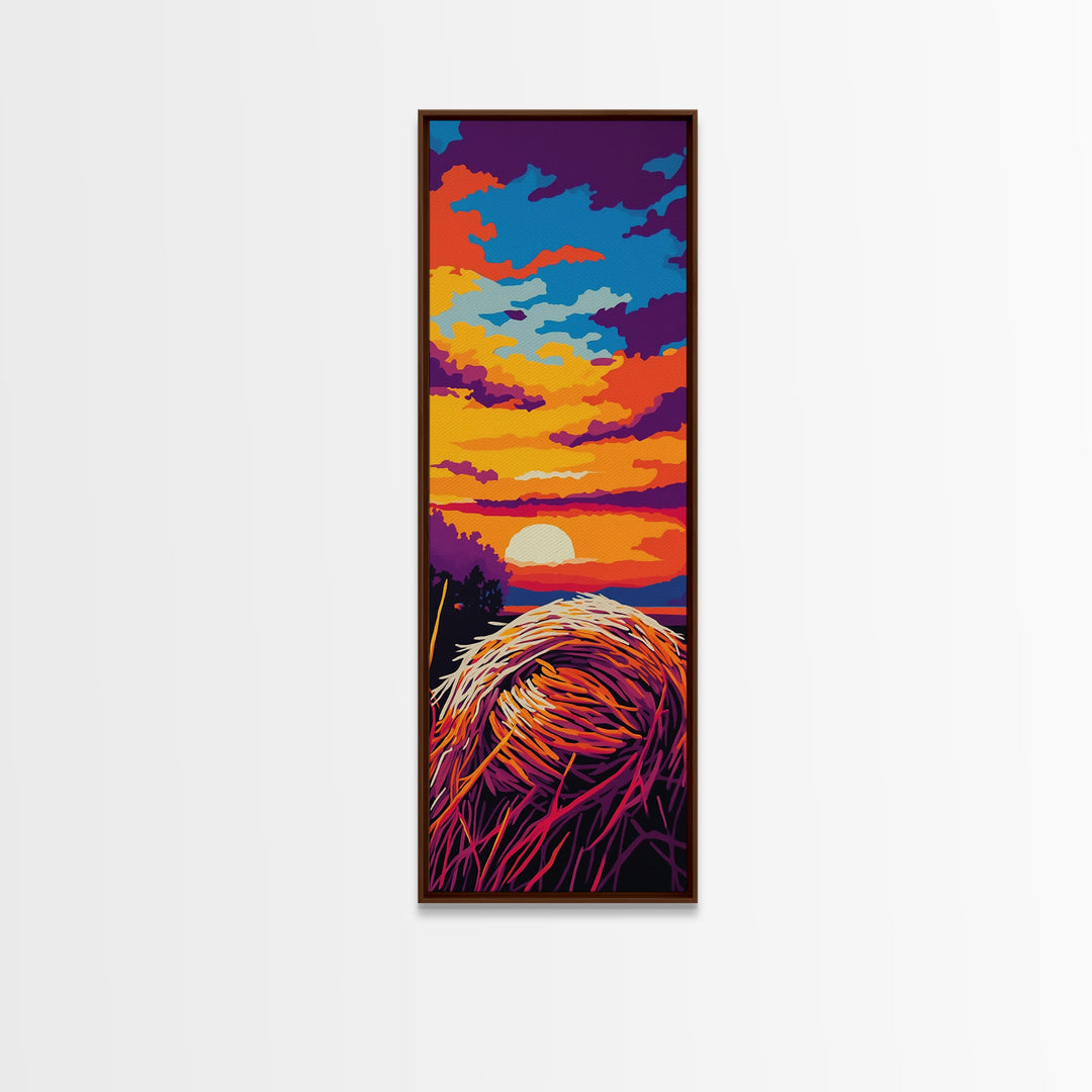 Sunset Hay Bale Framed Canvas Print pink orange wall art rustic decor countryside art barn landscape oil painting warm wall art fall decor