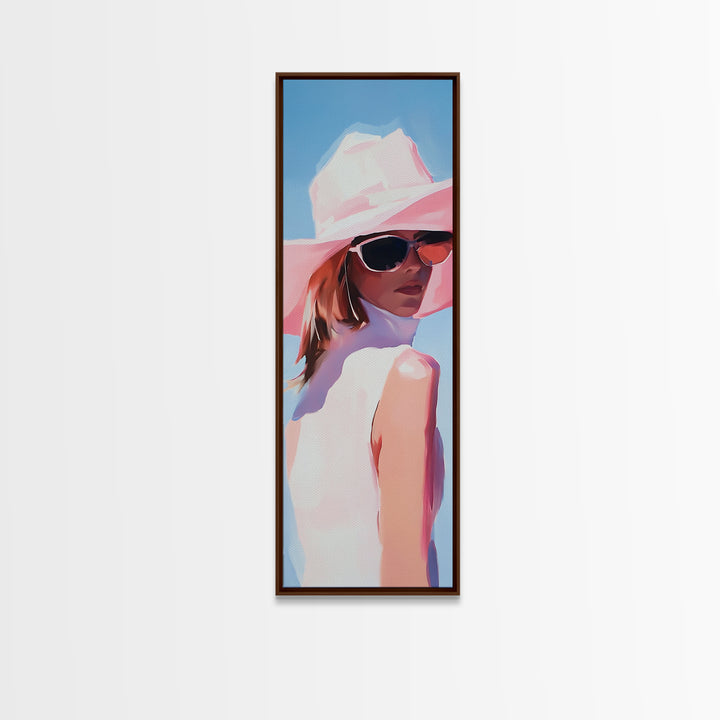 Chic Woman in Pink Hat Light Pink Wall Art Framed Canvas Print Fashion Illustration Modern Home Decor Bedroom Art