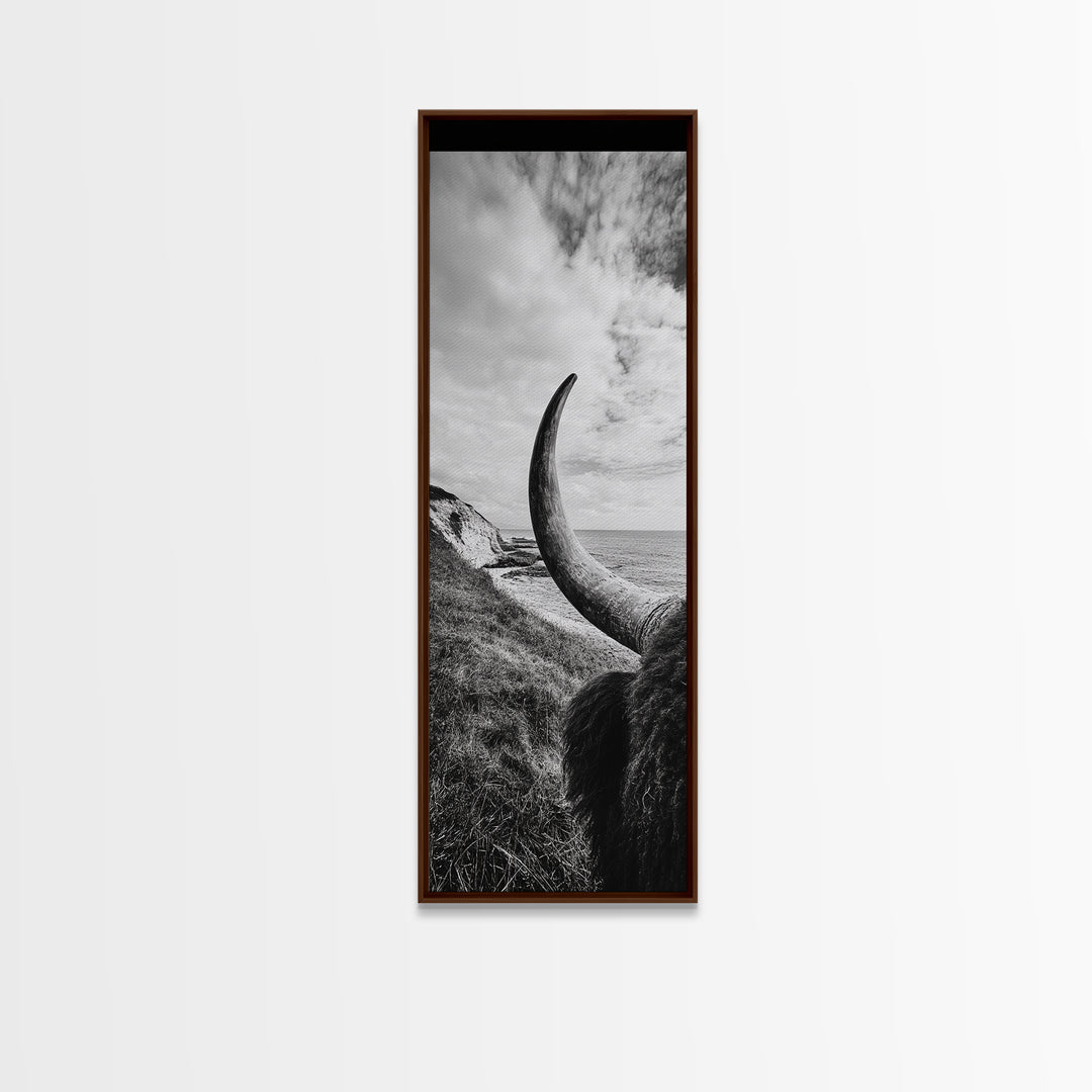Highland Bull, Coastal Landscape, Framed Canvas Print, rustic decor, mountain painting, farmhouse art, moody art, wabi sabi wall art