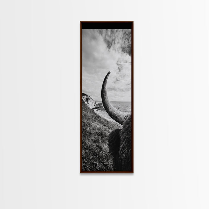 Highland Bull, Coastal Landscape, Framed Canvas Print, rustic decor, mountain painting, farmhouse art, moody art, wabi sabi wall art