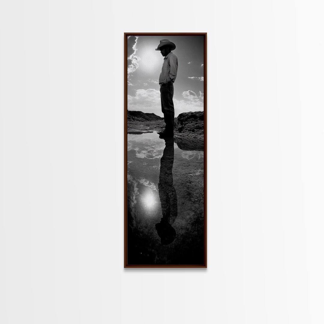 Lone Cowboy, Reflection Photography, Framed Canvas Print, Rustic Art, Moody Wall Art, Extra Wide Art, Southwest Wall Art
