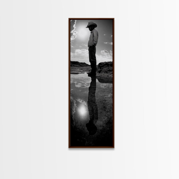 Lone Cowboy, Reflection Photography, Framed Canvas Print, Rustic Art, Moody Wall Art, Extra Wide Art, Southwest Wall Art