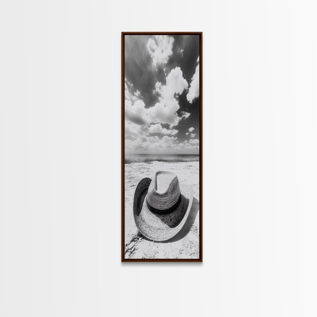 Straw Cowboy Hat, Beach Photography, Framed Canvas Print, Coastal Cowgirl, Wall Art, Rustic Décor, Minimalist Wall Art