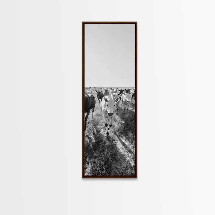 Running Cattle, Framed Canvas Print, rustic western wall art, cowboy décor, farmhouse art, above sofa art, panoramic painting, country home decor