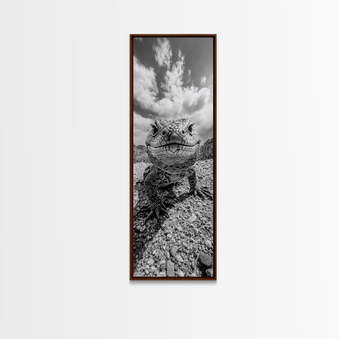 Lizard Close-Up, Framed Canvas Print, wildlife photography, rustic wall art, southwest wall art, desert animal art, black and white home decor