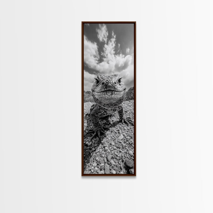 Lizard Close-Up, Framed Canvas Print, wildlife photography, rustic wall art, southwest wall art, desert animal art, black and white home decor