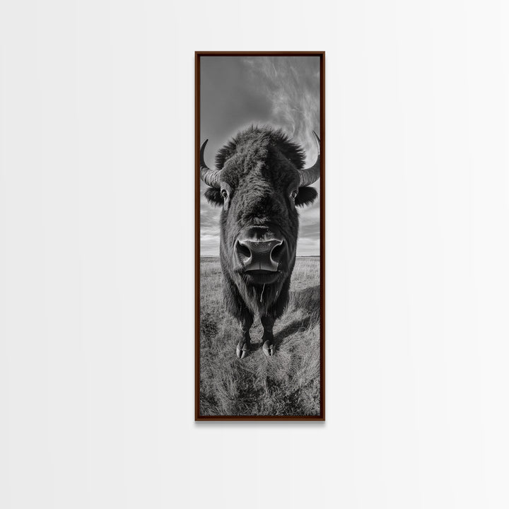 Majestic Bison Close-Up, Framed Canvas Print, rustic wall art, cowboy home décor, wildlife photography, farmhouse art, black and white photography