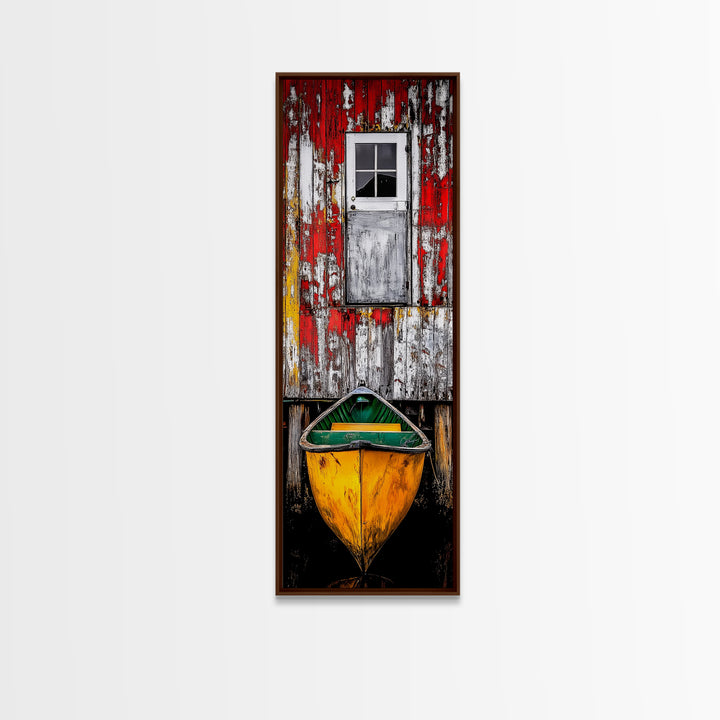 Rustic Barn Boat Reflection Painting Framed Canvas Print | Nautical Wall Art | Rustic Decor | Coastal Painting | Maine Oil Painting