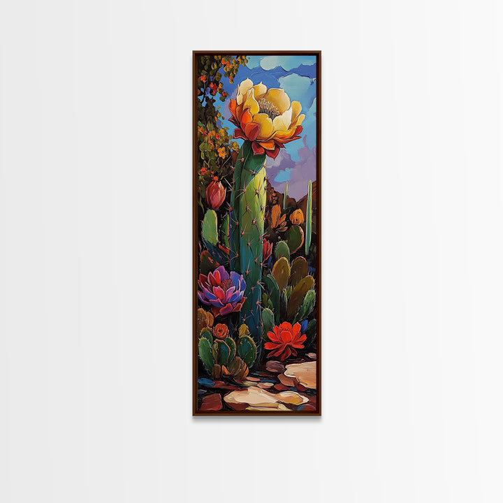 Vibrant Cactus Bloom Desert Painting Framed Canvas Print | Southwest Wall Art | Joshua Tree Art | Botanical Prints | Wildflower Painting