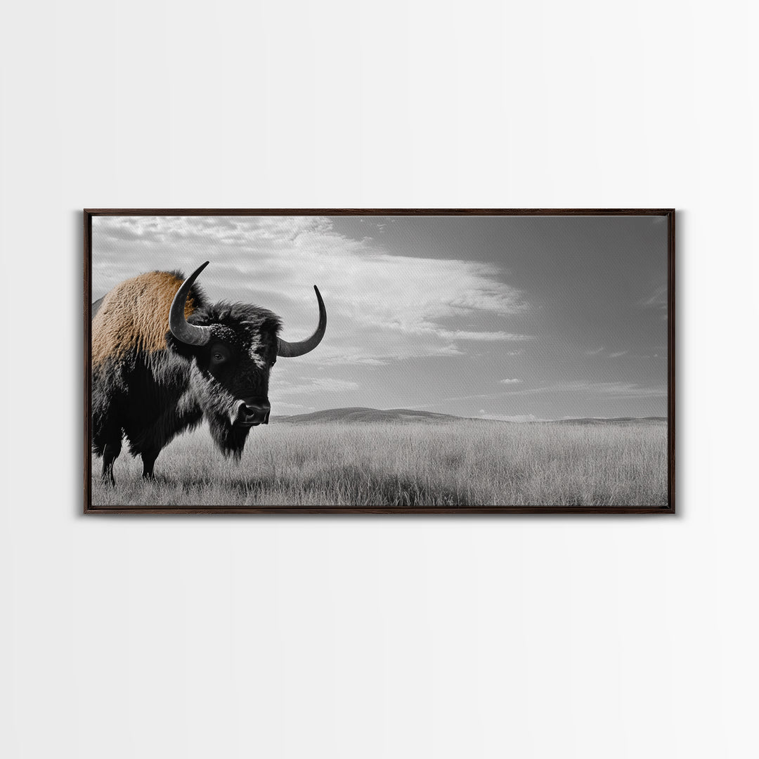 Buffalo Wall Art Canvas Print | Rustic Farmhouse Decor | Western Landscape Art | Moody Wall Art | Extra Wide Art | Nature Lover Gift