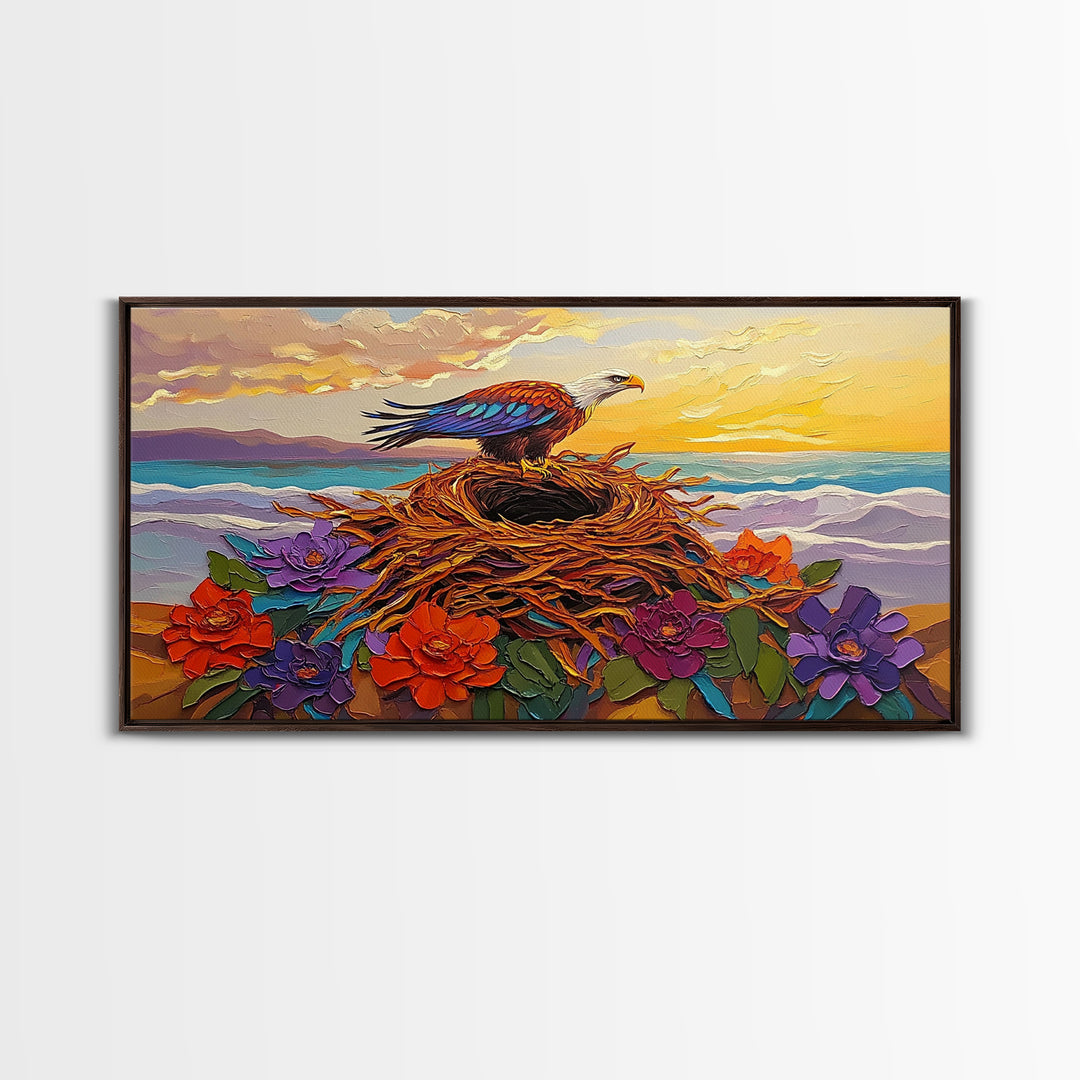 Bald Eagle Nest, bird art, mountain painting, moody art, southwest wall art, patriotic decor, nature art, Framed Canvas Print