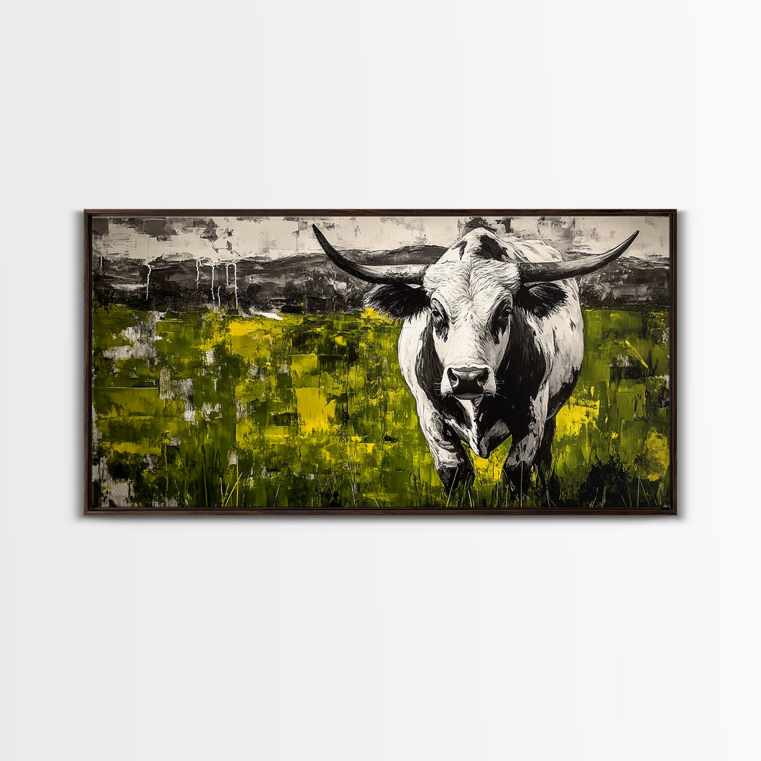 Bull Painting, rustic wall art, bull and bear art, farmhouse decor, green wall art, bold statement art, dramatic painting, Canvas Print