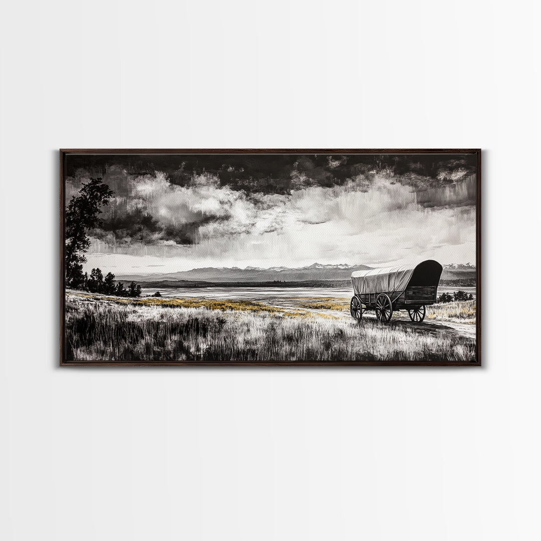 Covered Wagon, barn landscape oil painting, rustic wall art, farmhouse decor, panoramic art, smoky mountain art, Framed Canvas Print, landscape