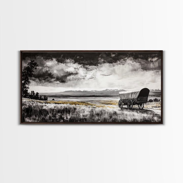 Covered Wagon, barn landscape oil painting, rustic wall art, farmhouse decor, panoramic art, smoky mountain art, Framed Canvas Print, landscape