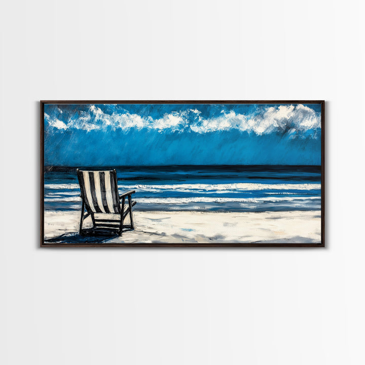 Beach Chair, coastal decor, nautical painting, seascape painting, ocean view, lake Tahoe art, blue and green wall art, Framed Canvas Print, surf