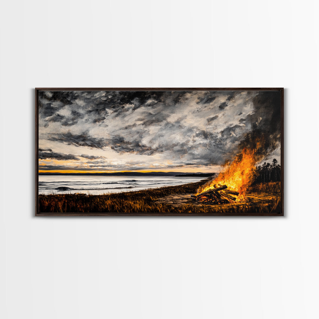 Campfire, forest at dusk painting, smoky mountain art, extra wide art, autumn decor, wabi sabi art, Framed Canvas Print, above couch art