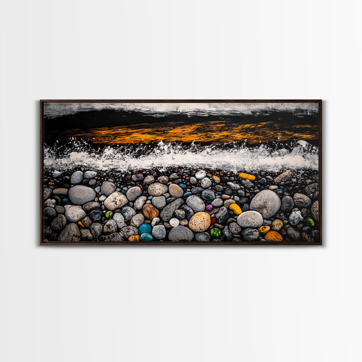 Pebble Beach, coastal landscape art, wabi sabi art, rustic decor, moody art, panoramic painting, seascape painting, Framed Canvas Print, zen art