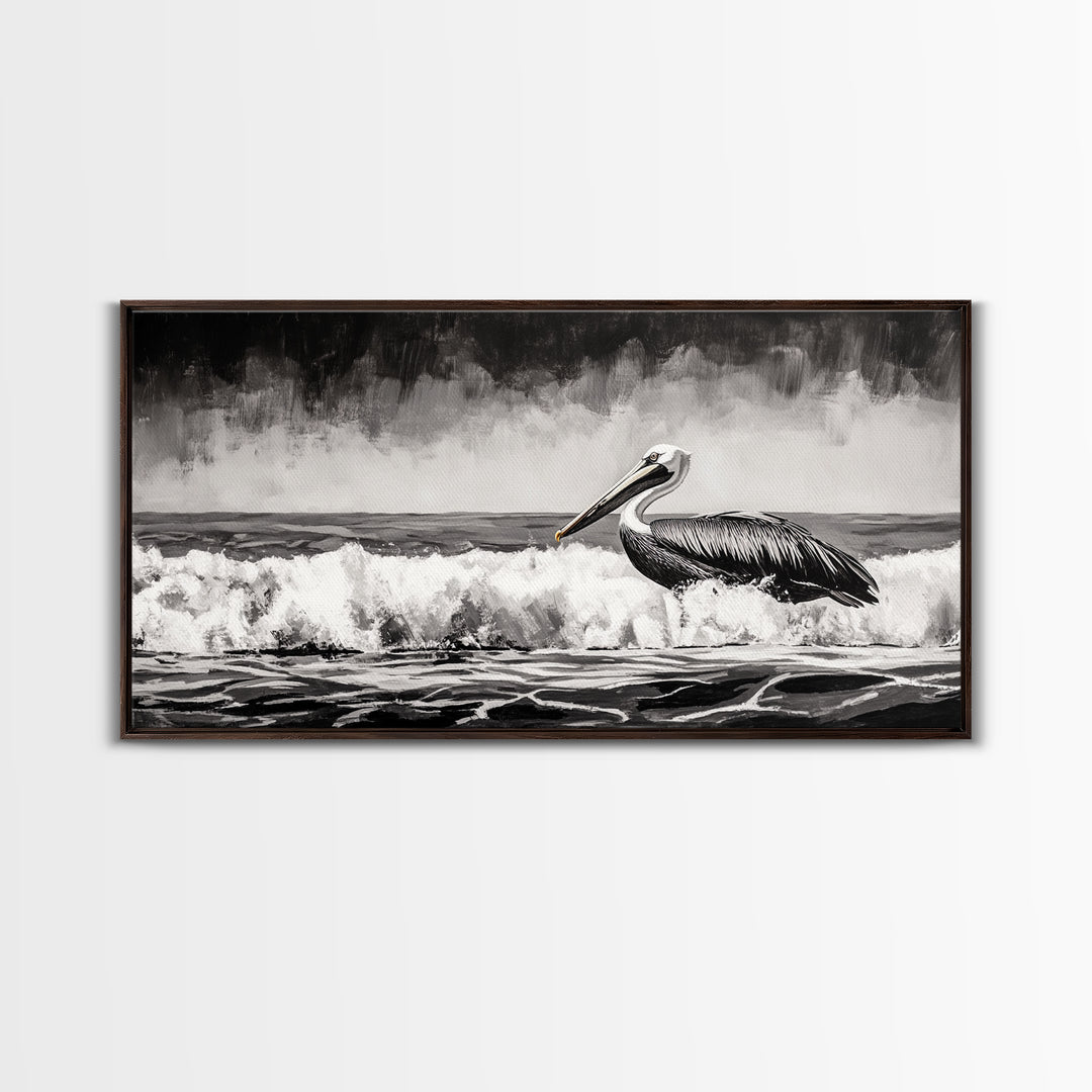 Pelican, coastal wall art, nautical painting, black and white art, seascape painting, ocean bird, Framed Canvas Print, beach decor