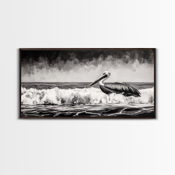 Pelican, coastal wall art, nautical painting, black and white art, seascape painting, ocean bird, Framed Canvas Print, beach decor
