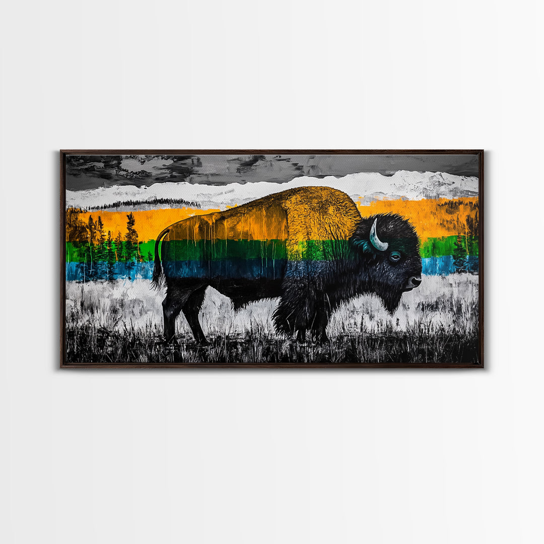 Bison, rustic wall art, mountain painting, western decor, wildlife art, Joshua tree art, extra wide art, Framed Canvas Print, moody art