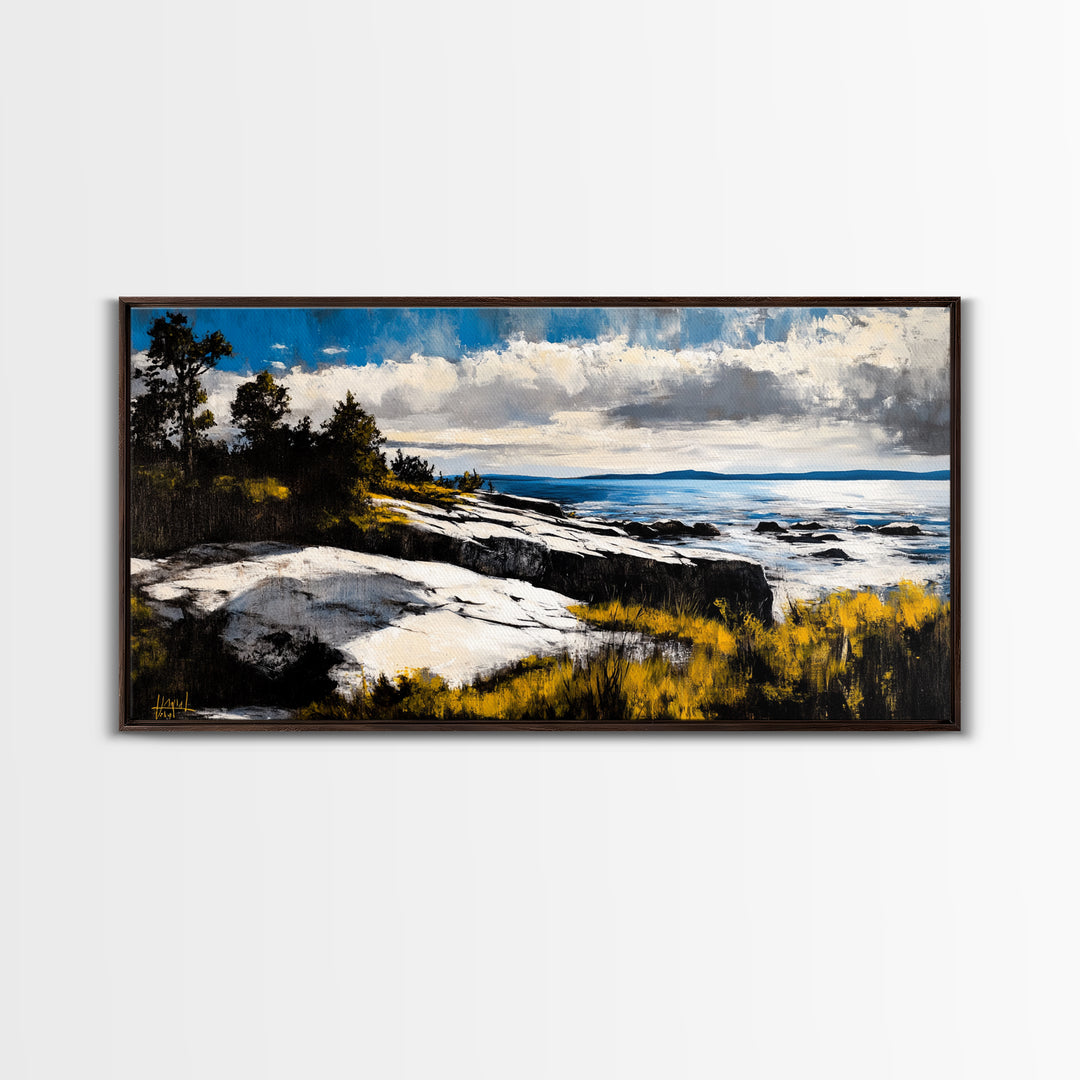 Coastal Landscape, Maine oil painting, seascape painting, landscape painting, nautical wall art, extra wide art, framed canvas print