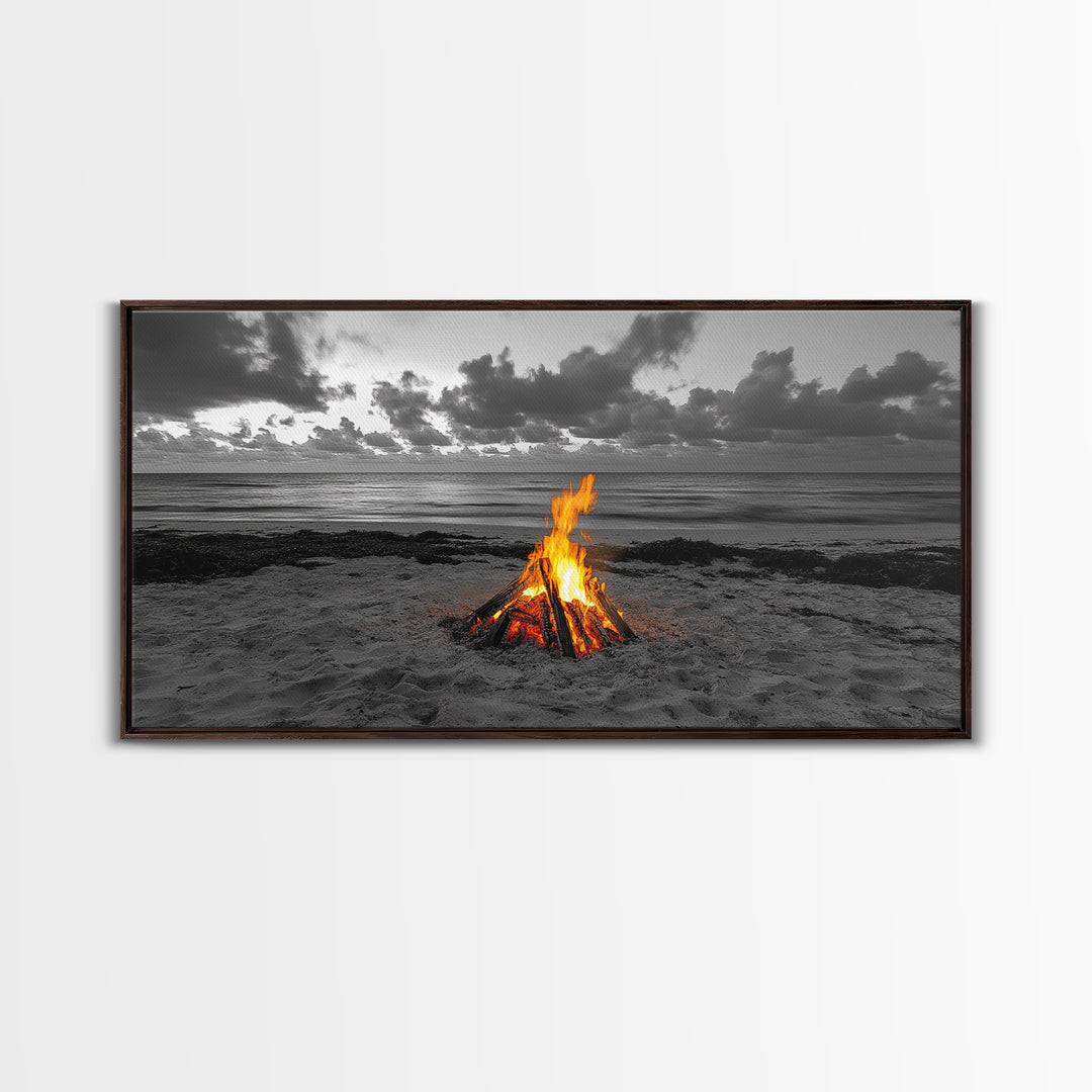 Campfire on Beach Framed Canvas Print | Seascape Painting | Coastal Wall Art | Moody Art | Rustic Decor | Extra Wide Art | Nautical Painting