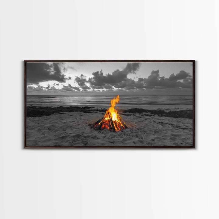 Campfire on Beach Framed Canvas Print | Seascape Painting | Coastal Wall Art | Moody Art | Rustic Decor | Extra Wide Art | Nautical Painting
