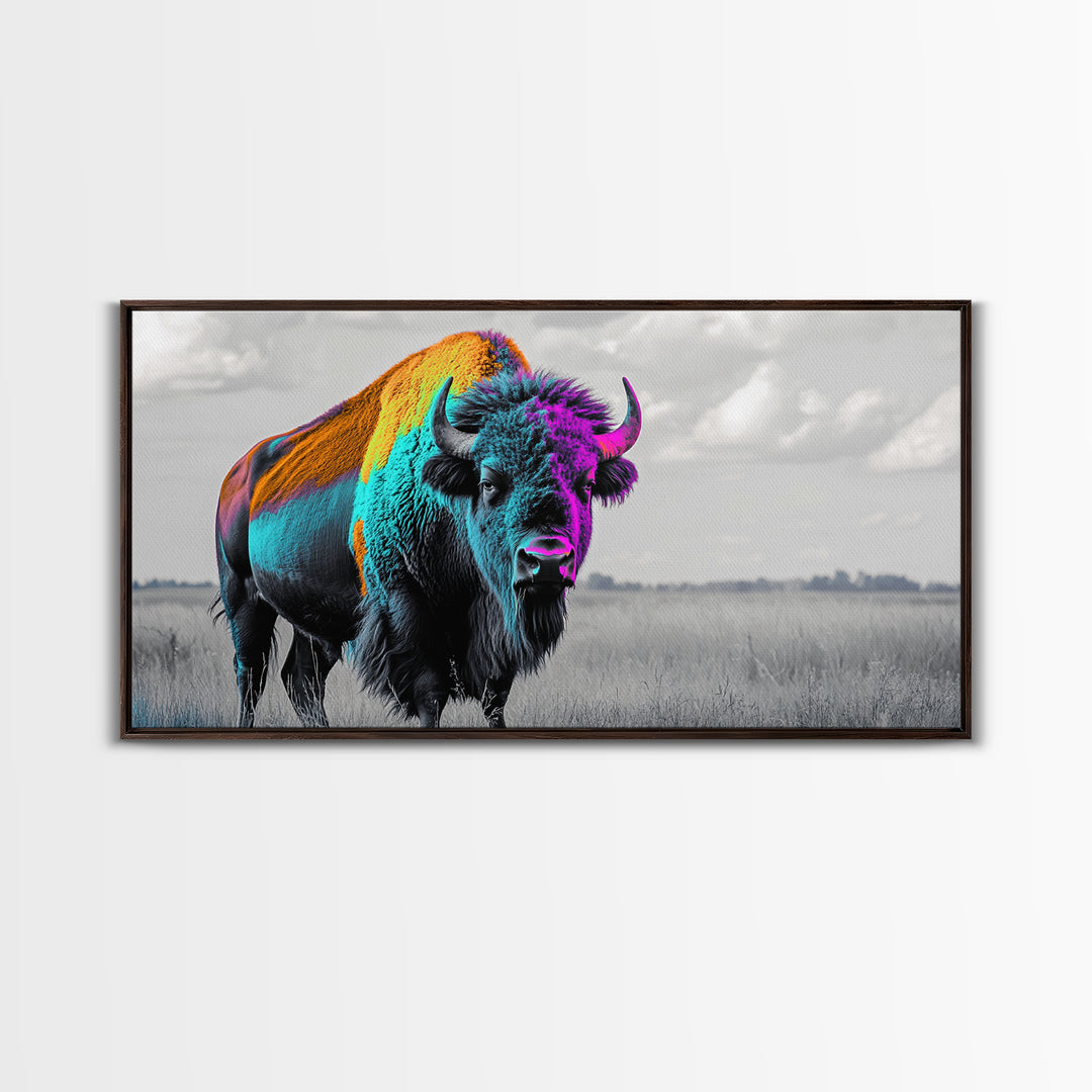 Neon Buffalo Portrait Canvas Print | Western Wall Art | Afrocentric Art | Moody Art | Rustic Decor | Southwest Art | Extra Wide Art.