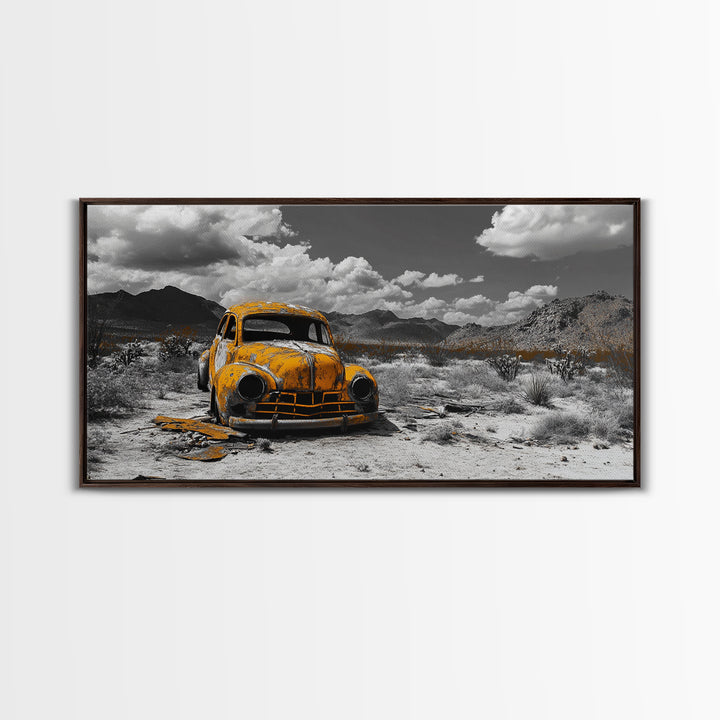 Abandoned Car in Desert Framed Canvas Print | Custom Car Painting | Moody Art | Southwest Wall Art | Wabi Sabi Art | Extra Wide Art
