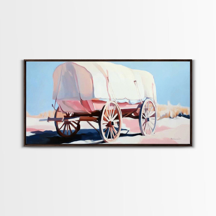 Covered Wagon, Vintage Western Art, Rustic Wall Art, Farmhouse Art, Coastal Cowgirl Wall Art, Light Pink Wall Art, Framed Canvas Print, Extra Wide Art