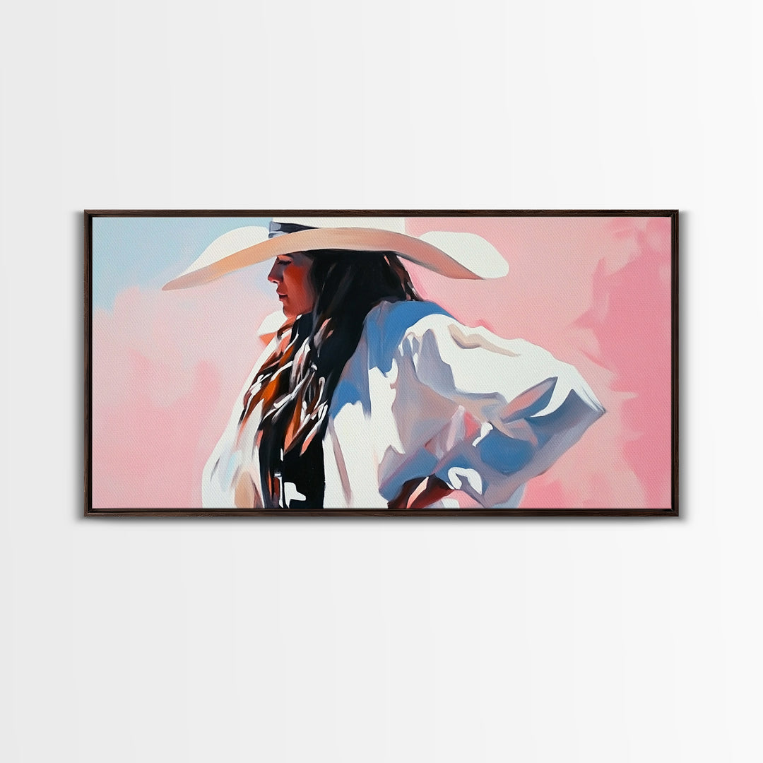 Cowgirl in White, Black Cowgirl Painting, Coastal Cowgirl Wall Art, Rustic Decor, Light Pink Wall Art, Canvas Print, Bedroom Art, Moody Art