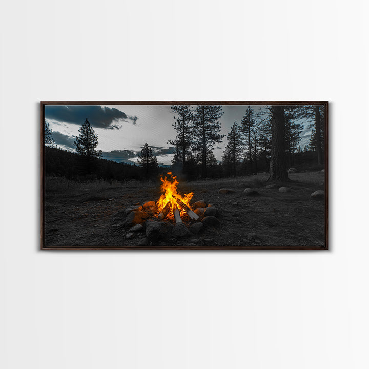 Campfire Under Pine Trees Canvas Print | Forest at Dusk Painting | Rustic Wall Art | Moody Landscape Art | Above Sofa Art | Extra Wide Art