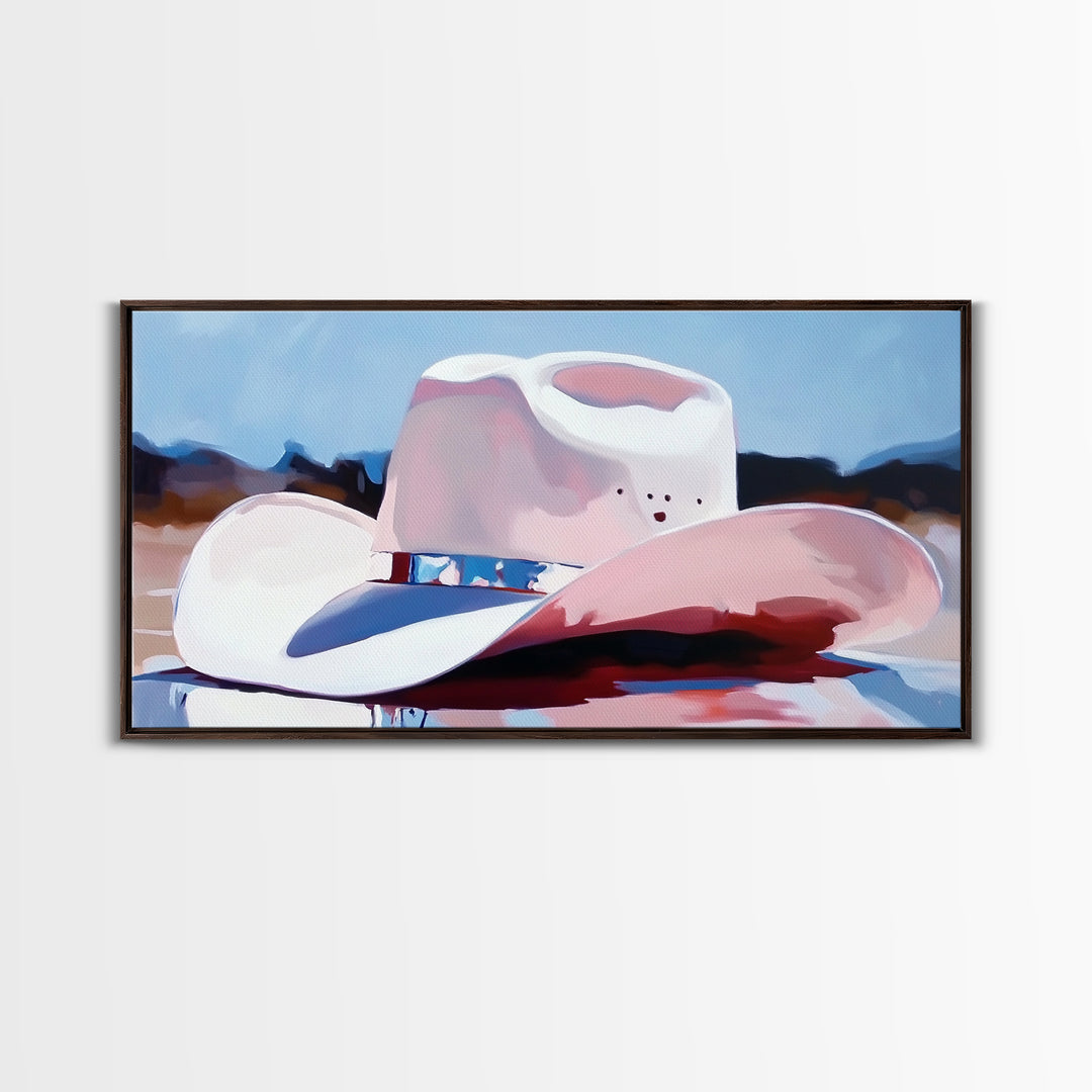 Cowboy hat, western art, farmhouse art, framed canvas print, rustic wall art, gift idea, wabi sabi art, pink abstract art, lofi art