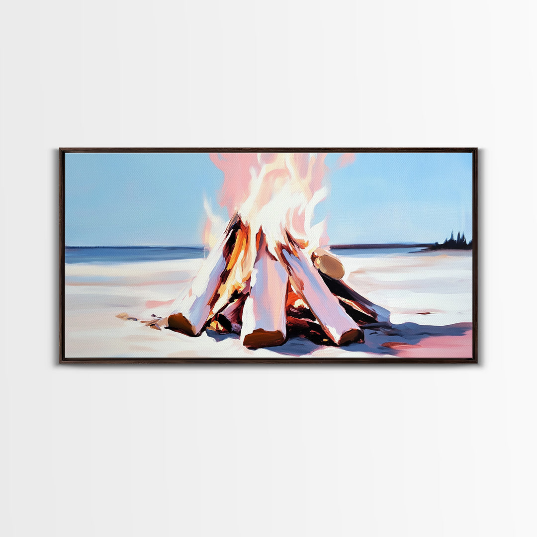 Campfire, moody art, coastal landscape art, framed canvas print, rustic decor, fire painting, extra wide art, landscape painting