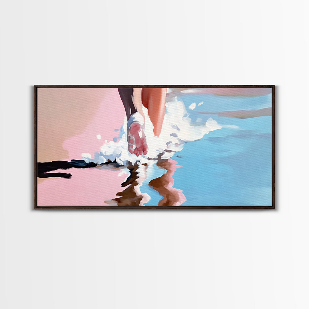 Barefoot Beach Walk, coastal decor, ocean painting, seascape painting, pink abstract art, light pink wall art, canvas print