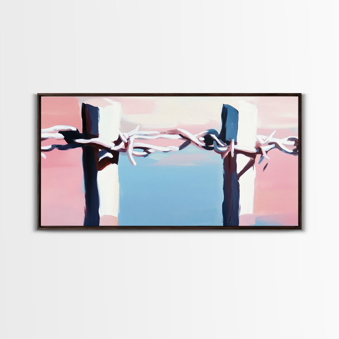 Barbed Wire Fence, rustic decor, pink abstract art, southwest wall art, minimalist art, boho art, framed canvas print