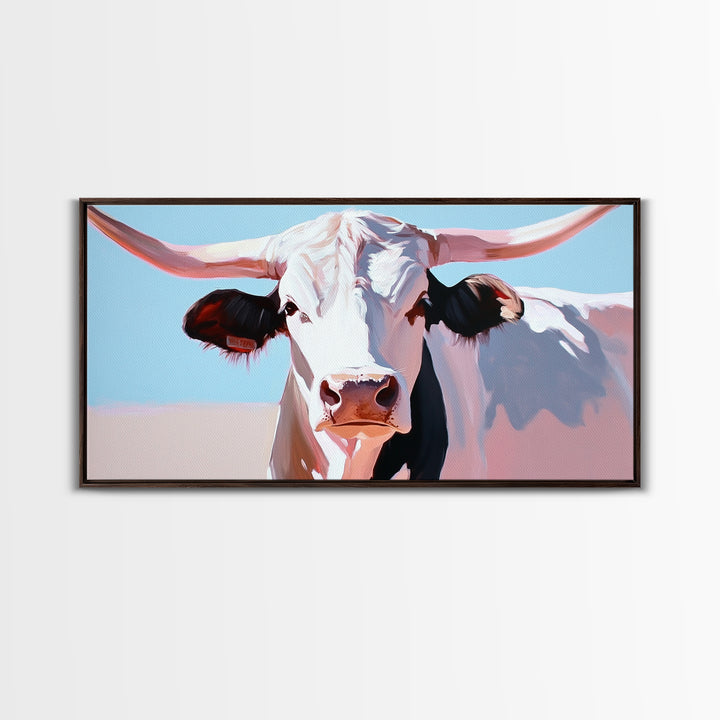 Bull And Bear Art, Rustic Wall Art, Farmhouse Art, Vintage Western Painting, Coastal Cowgirl Art, Framed Canvas Print, Above Couch Art