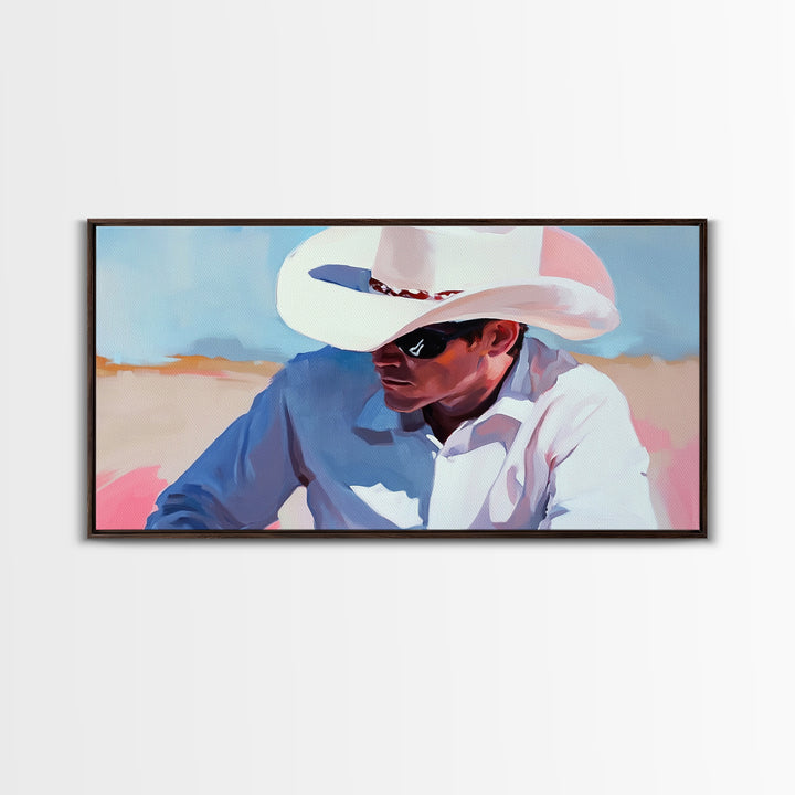 Cowboy Painting, Western Art, Rustic Wall Art, Coastal Cowgirl Art, Lofi Art, Chicano Art, Framed Canvas Print, Extra Wide Art, Panoramic Art