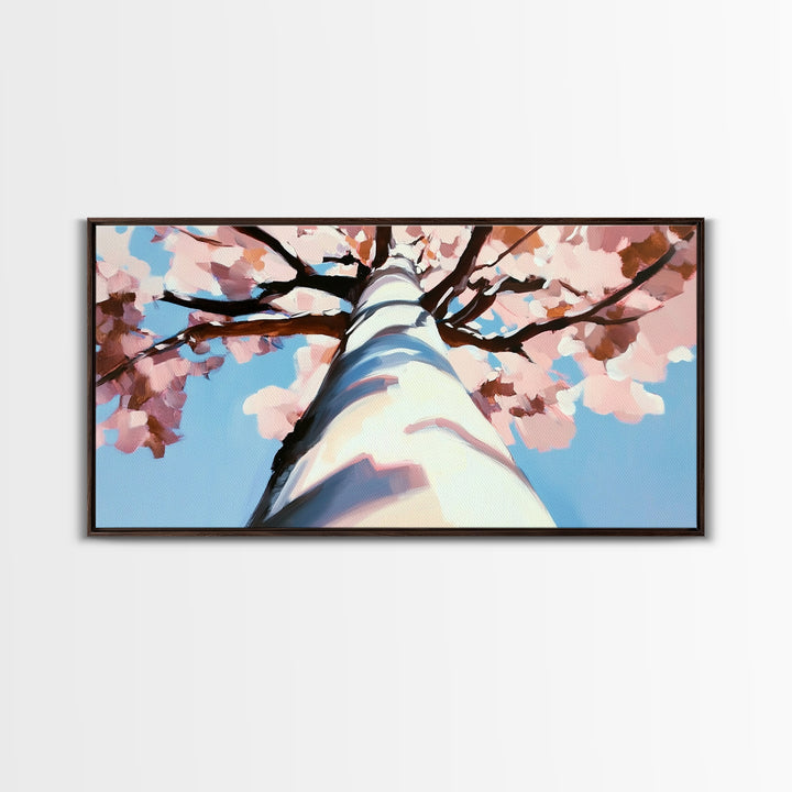 Cherry Blossom Painting, Birch Tree Art, Pink Wall Art, Botanical Prints, Extra Wide Art, Canvas Print, Above Sofa Art, Horizontal Wall Art
