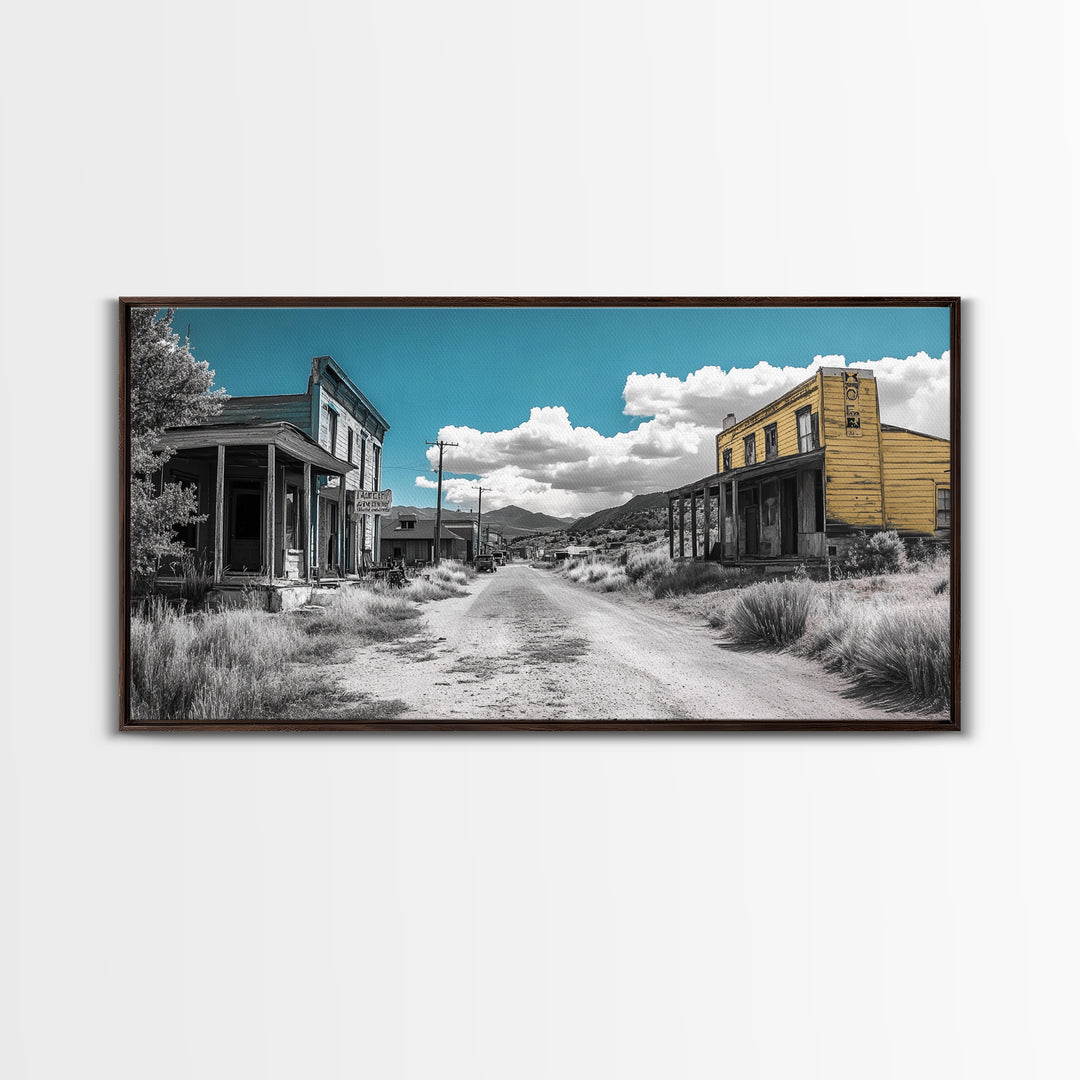Abandoned Ghost Town Canvas Print Rustic Wall Art Western Landscape Painting Wabi Sabi Art Above Couch Art Extra Wide Horizontal Art