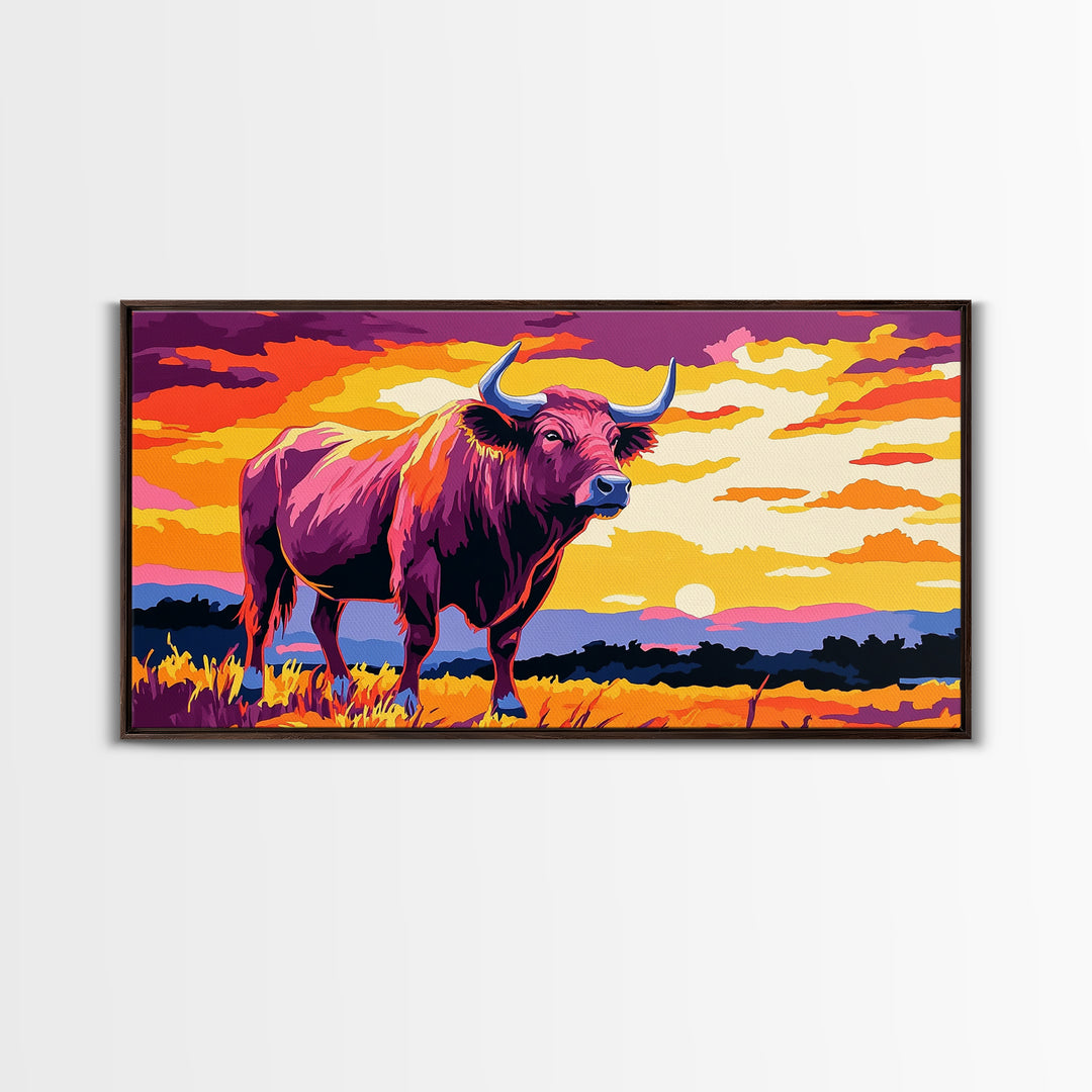 Bull Sunset, bull and bear art, rustic wall art, farmhouse decor, sunset painting, moody art, framed canvas print