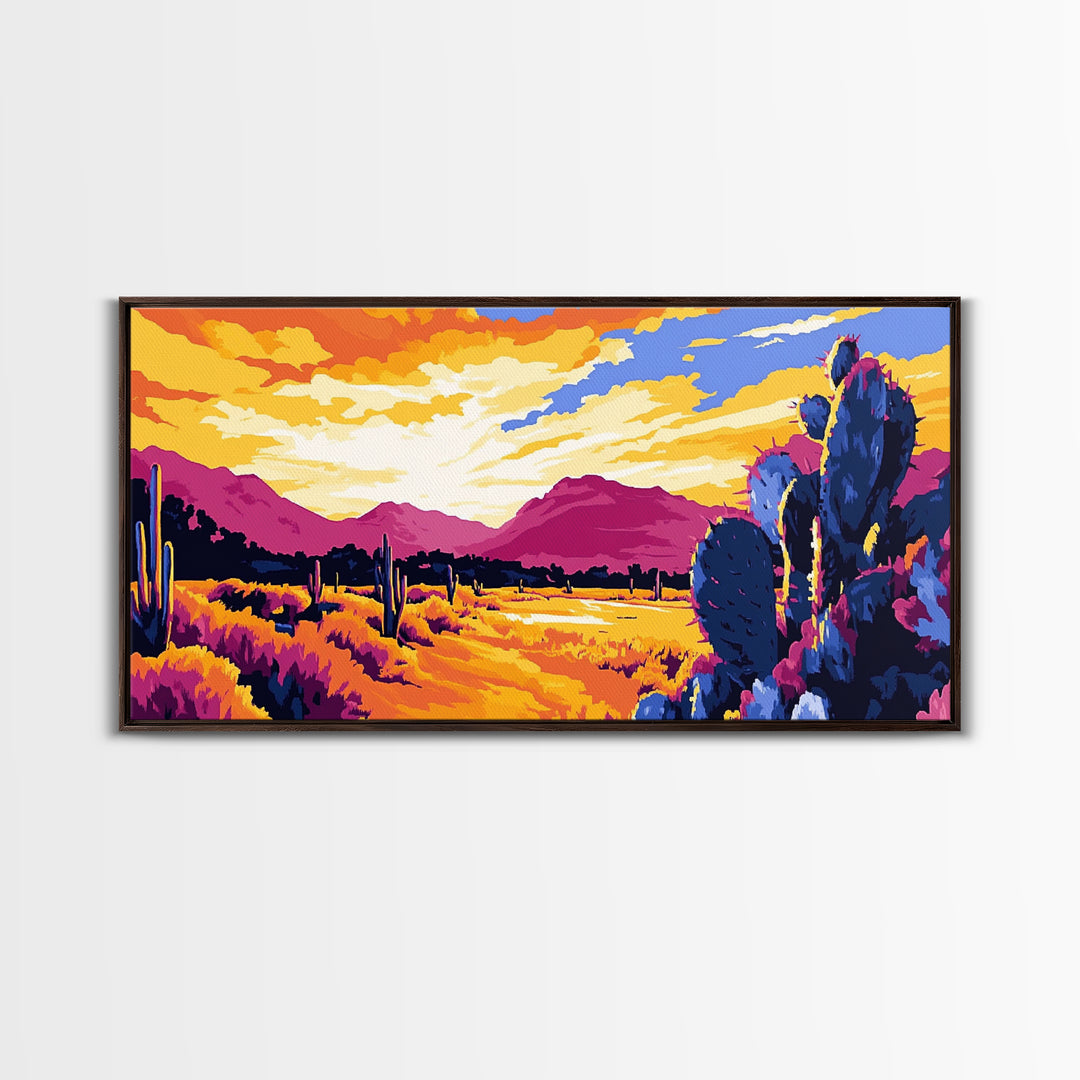Desert Cactus, southwest wall art, mountain painting, rustic decor, landscape painting, panoramic art, Framed Canvas Print, extra wide art
