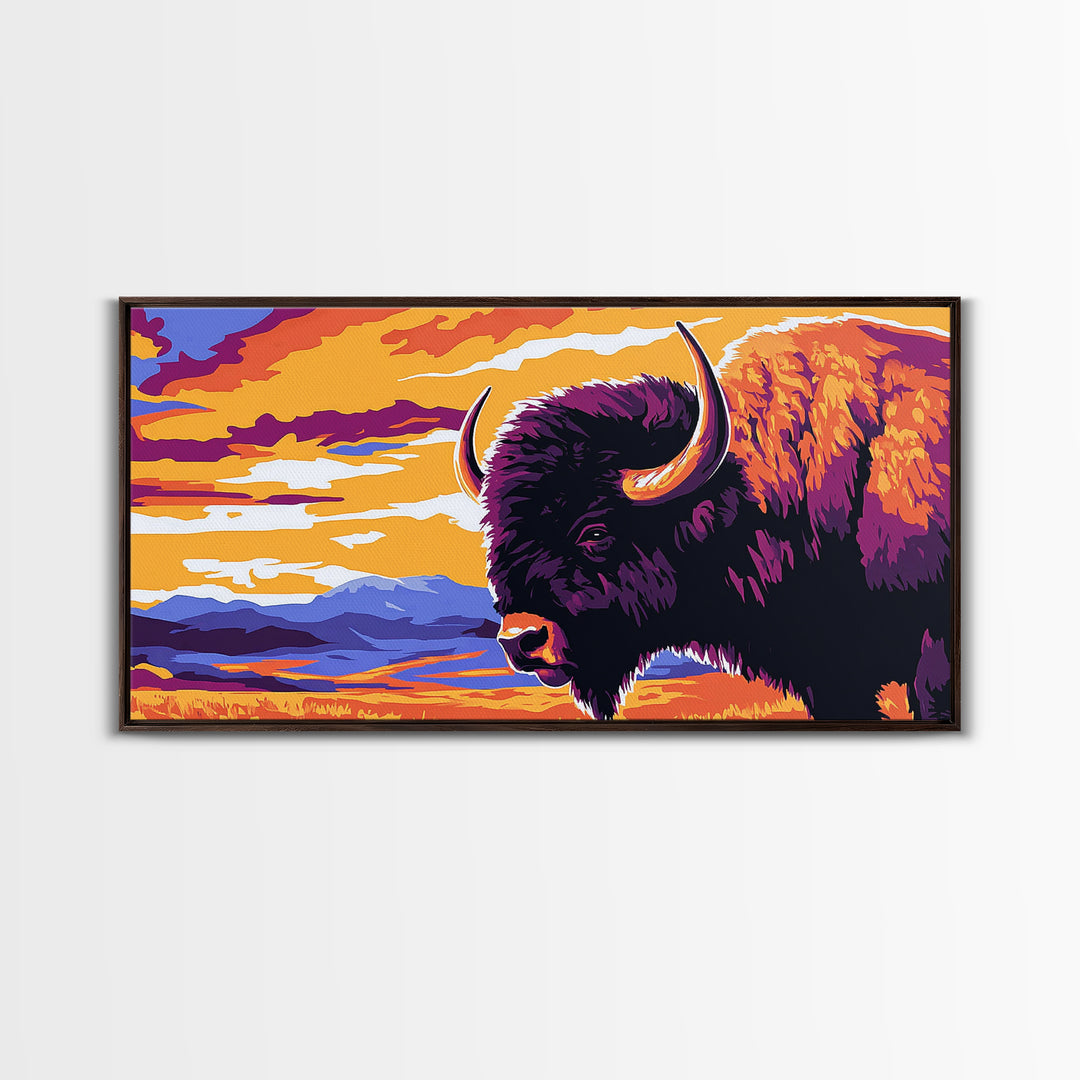 Bison Plains, rustic wall art, mountain painting, southwest wall art, landscape painting, extra wide art, Framed Canvas Print, farmhouse decor