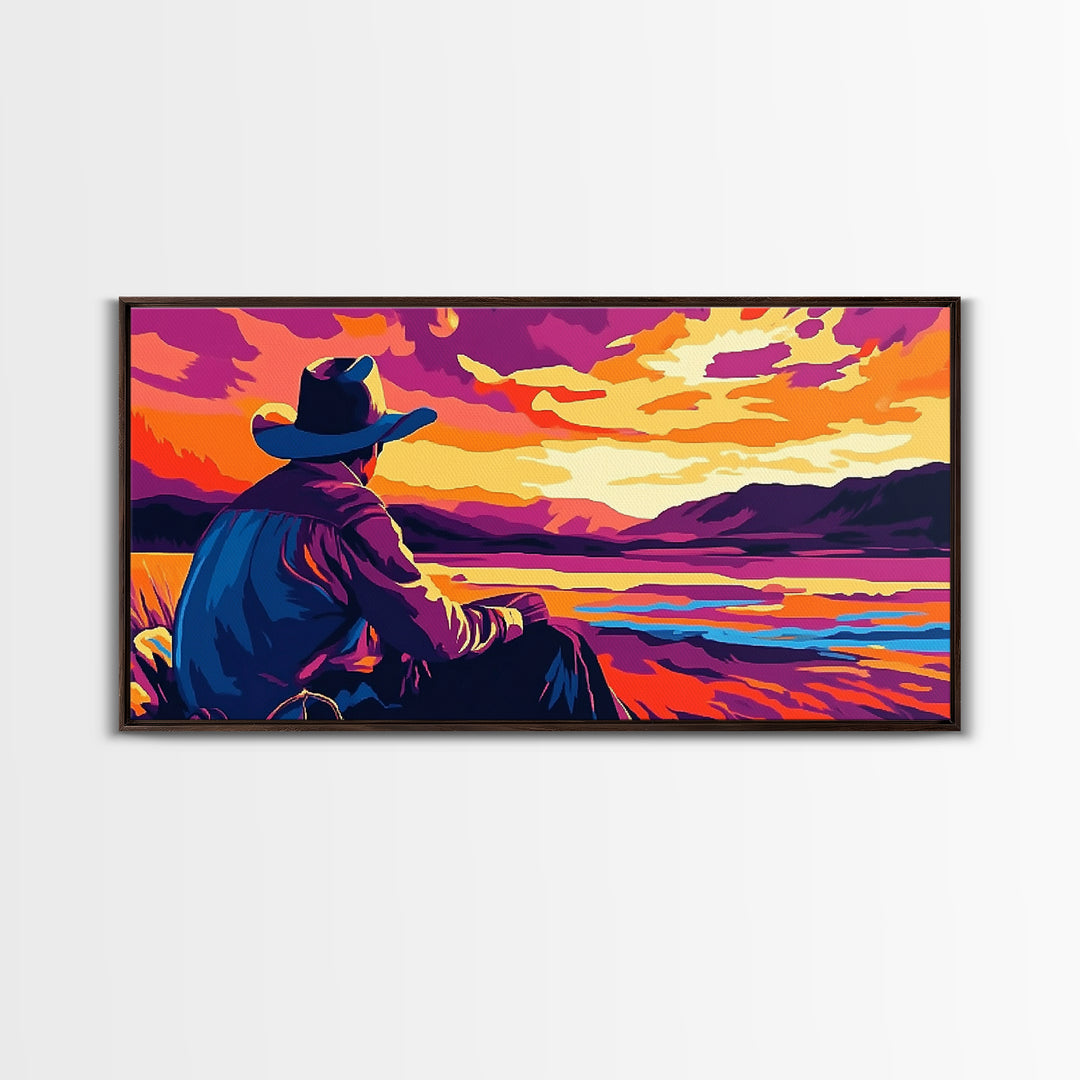 Cowboy Sunset, western art, landscape painting, rustic decor, panoramic art, farmhouse art, Framed Canvas Print, gift idea, extra wide art