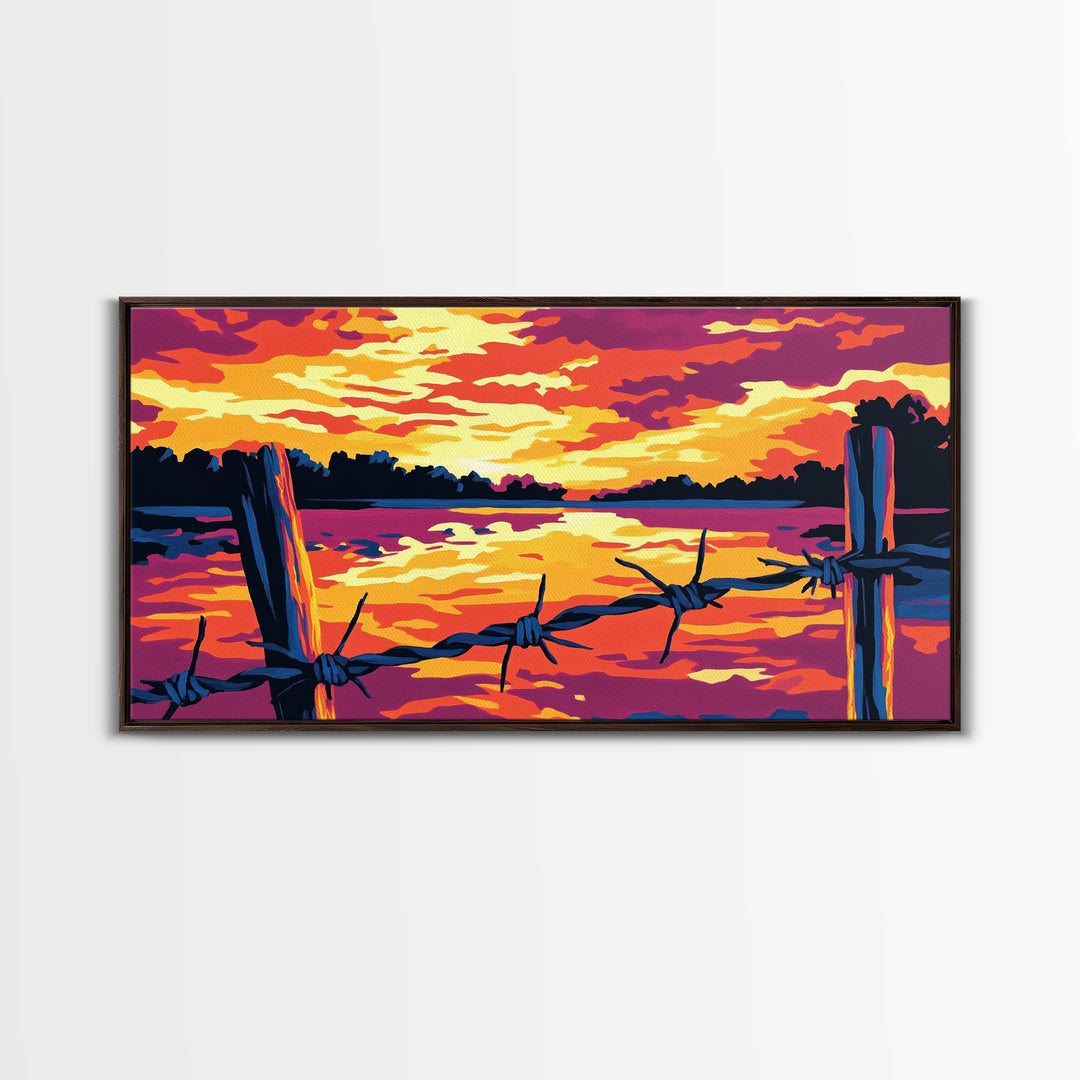 Barbed wire, rustic fence, cowboy art, sunset glow, farmhouse wall art, panoramic painting, western landscape, framed canvas print