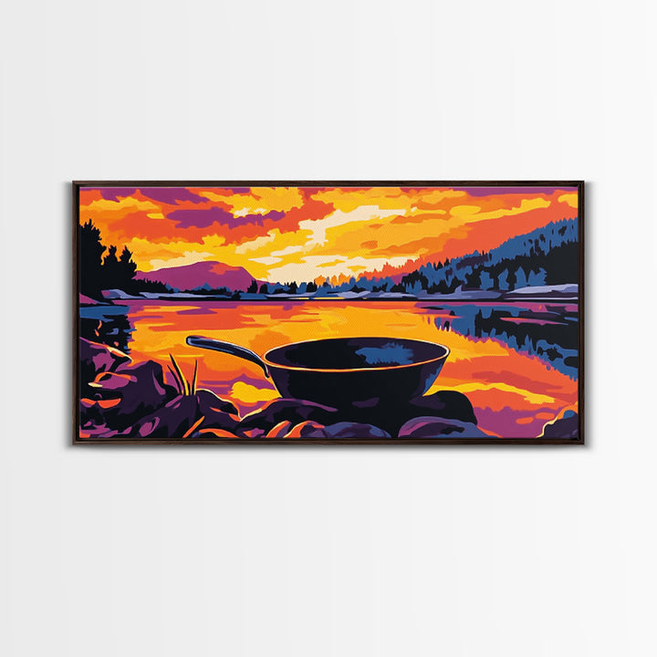 Cast iron pan, outdoor cooking, cowboy camping, rustic kitchen decor, lakeside sunset, nostalgic western art, framed canvas print